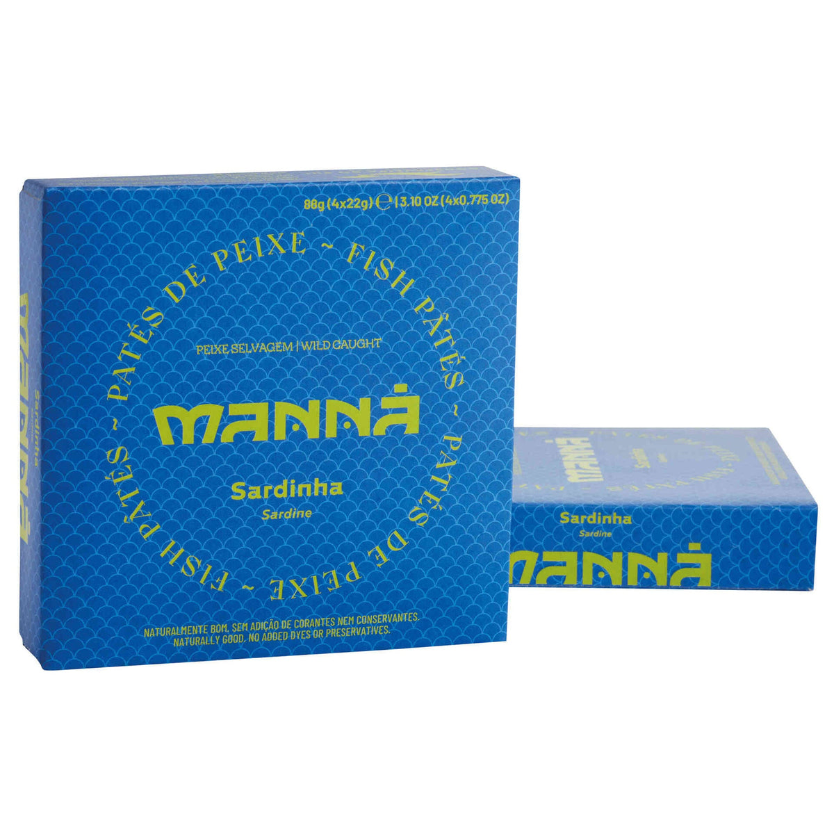 A box of Manna Sardine Pate, highlighting its omega 3 content and gluten-free status, with blue and yellow packaging.