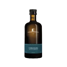 Bottle of olive oil with a label on a white background