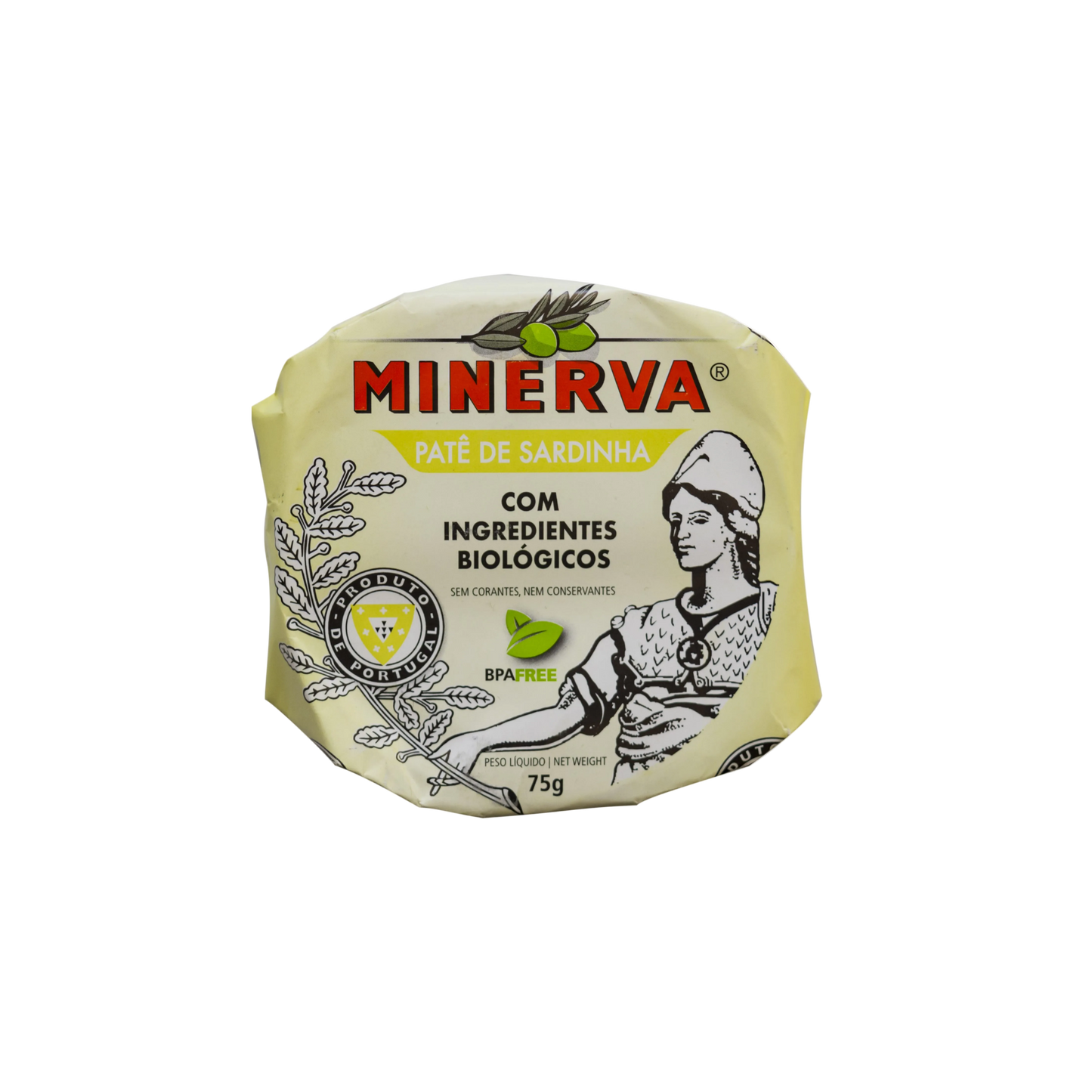 Minerva sardine pate packaging with branding and product details on a white background