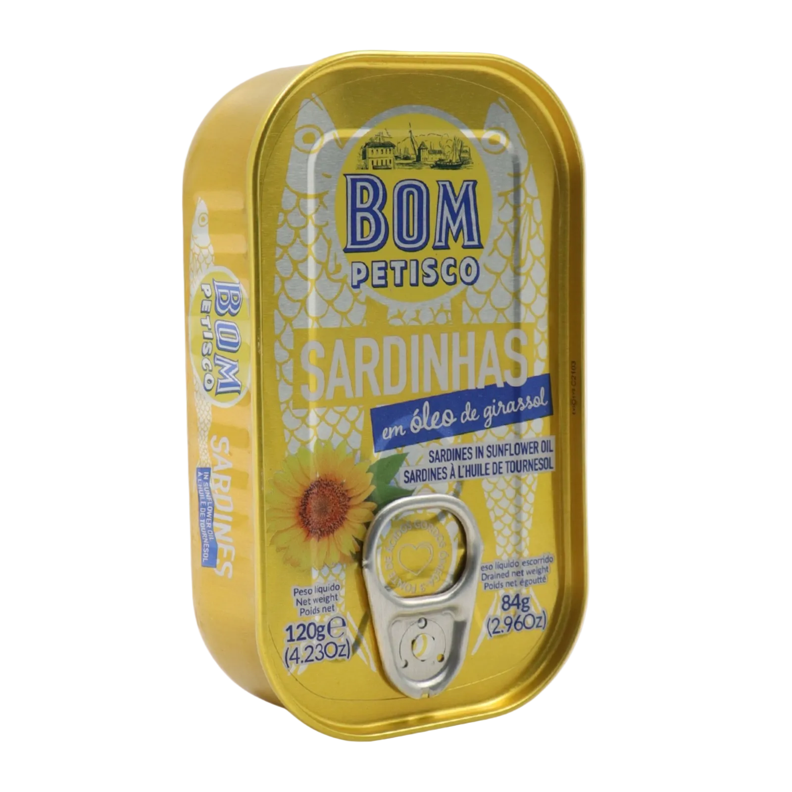 Can of sardines with 'Bom Petisco' branding on a white background