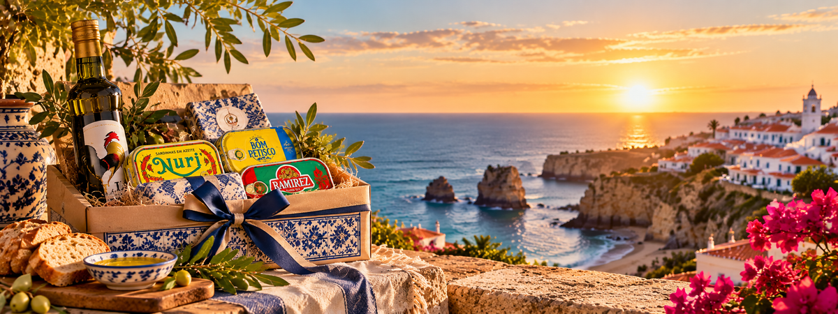 Portuguese gourmet gifts on a coastal terrace at golden hour