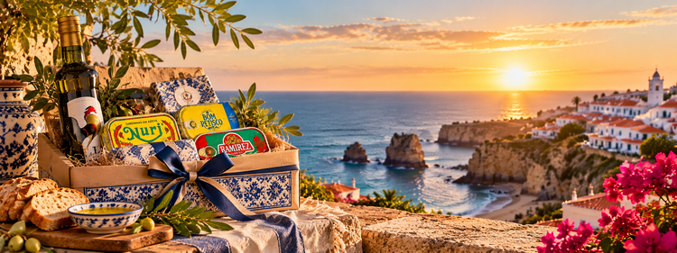 Portuguese gourmet gifts on a coastal terrace at golden hour