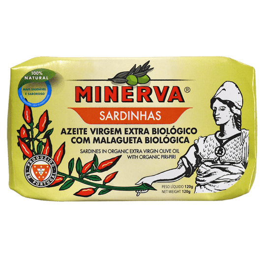 Minerva BIO sardines in organic extra virgin olive oil with organic piri-piri, official 120g packshot