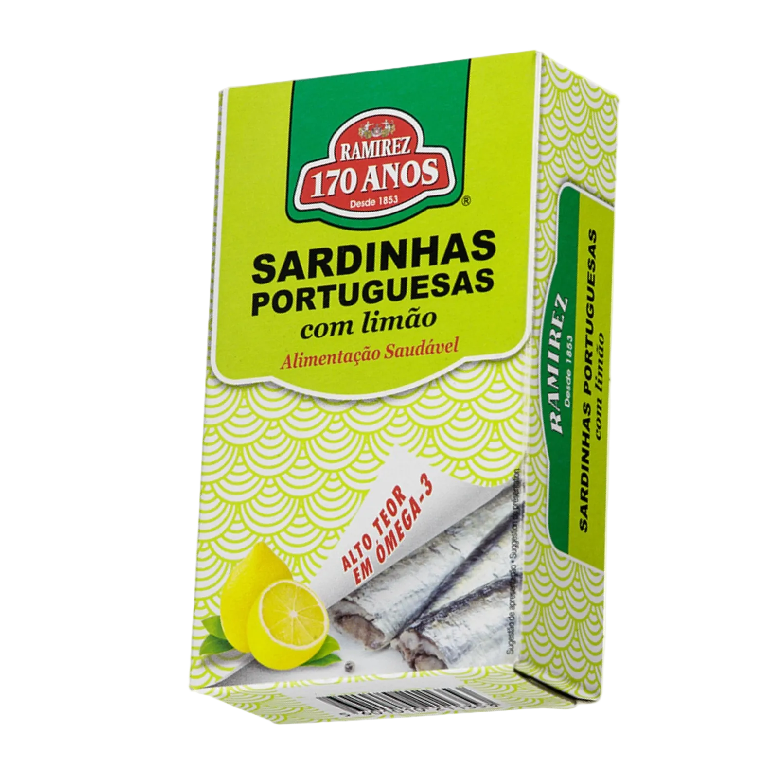 Box of Ramirez sardines with lemon on a white background
