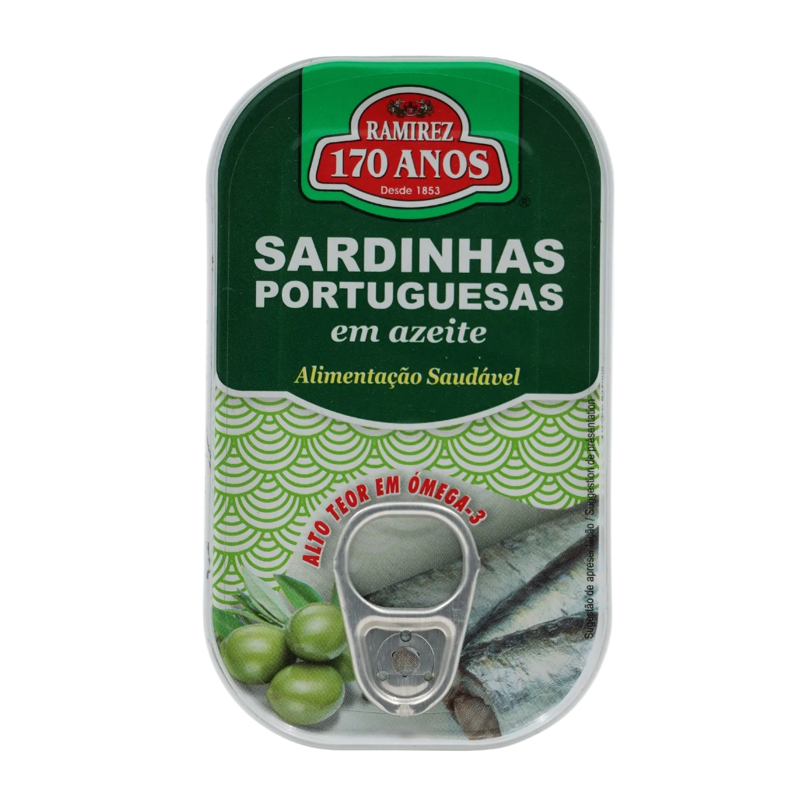 Can of Ramirez Sardinha Portuguesas with green label and olive design on a white background