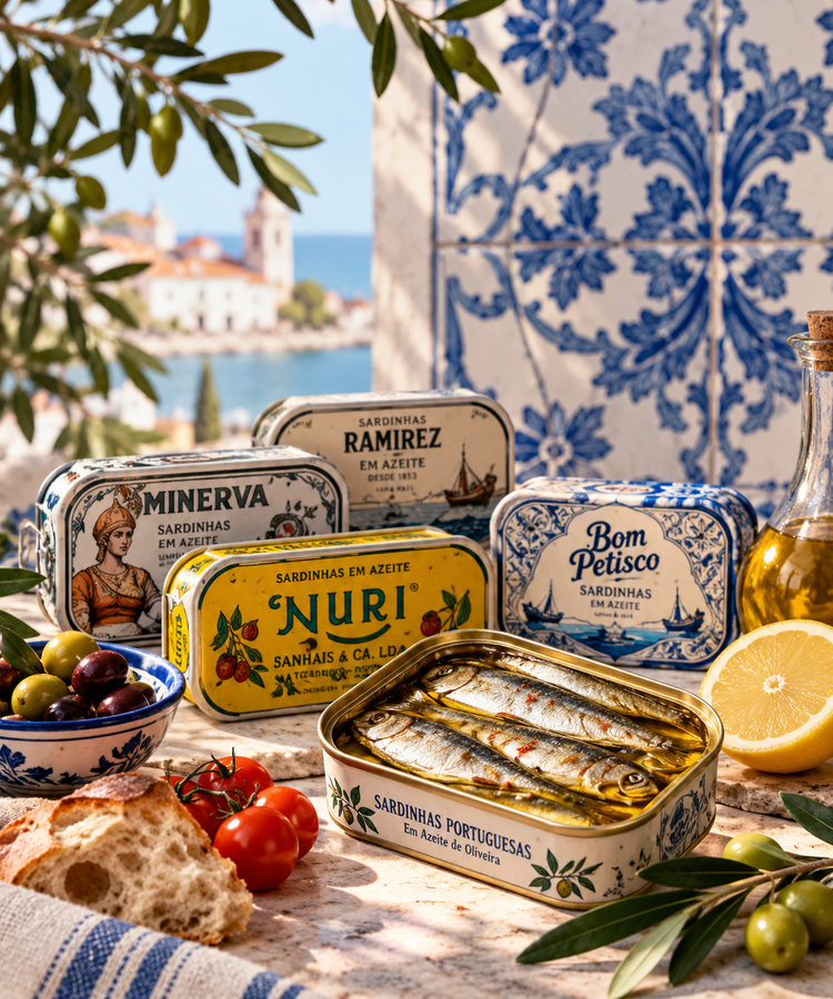 Portuguese sardines with olive oil, azulejo tiles and traditional tins